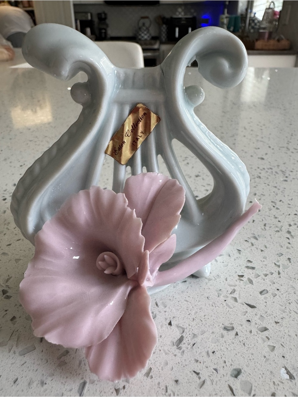 Vintage Eaton Collection Italy White Porcelain Lyre with Pink Flower